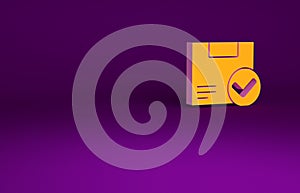 Orange Package box with check mark icon isolated on purple background. Parcel box. Approved delivery or successful