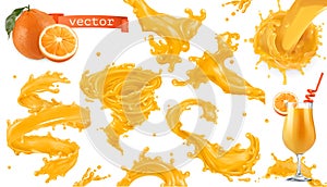 Orange paint splash. Mango, pineapple, papaya juice. 3d vector icon set