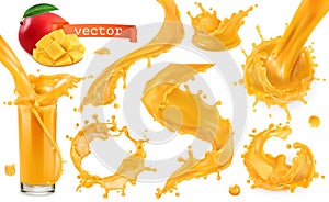 Orange paint splash. Mango, pineapple, papaya juice. vector icon set