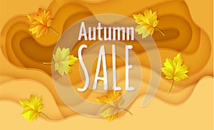 Orange paper cut background, Autumn sale banner template with yellow paper cut shapes for flyer with discount offers in fall