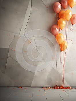 Orange party balloons floating against gray marble wall, with confetti on the floor. Minimalist festive background. Generative AI