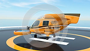 Orange Passenger Drone Taxi on helipad preparing for takeoff