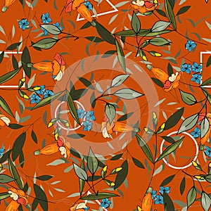 Orange pastel blooming  Flowers lily with green leaves. Realistic isolated seamless floral pattern for textile, fashion, fabric,