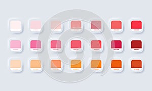 Orange pastel colour palette. Vector. Catalog samples orange and red in RGB HEX. Color Catalog. Neumorphic UI UX white user
