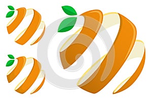 Orange peel emblem twisted into spiral with green leaves. Citrus fruit symbol in abstract form. Vector isolated on white
