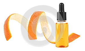 Orange peel and orange essential oil isolated on white background. Vitamin C serum in cosmetic bottle. Organic SPA cosmetics