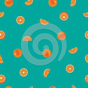 Orange with peel and orange seamless vector pattern on teal background.