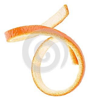 Orange peel stripe in spiral form isolated on white background. Natural orange peel. Citron