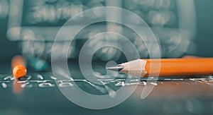 Orange Pencil on Black Chalkboard With Math Equations at a Study Session