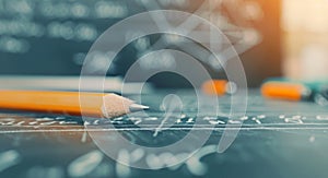 Orange Pencil on Black Chalkboard With Math Equations at a Study Session