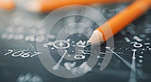 Orange Pencil on Black Chalkboard With Math Equations at a Study Session