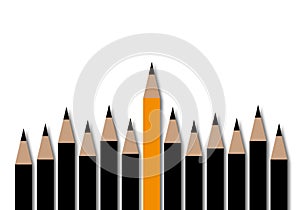 Orange pencil with black pencils and shadow overlay on white background. Performance outstanding from crowd for different thinking