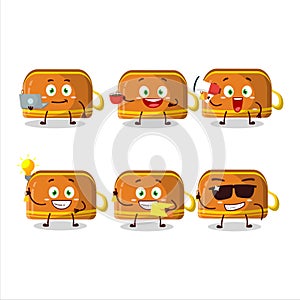 Orange pencil case cartoon character with various types of business emoticons