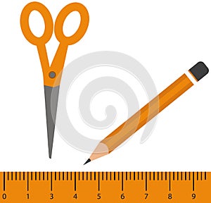 orange pencil, ruler, scissors on transparent background