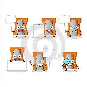 Orange pencil sharpener cartoon character bring information board