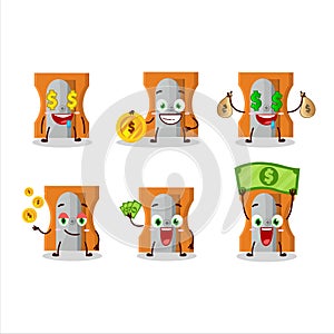 Orange pencil sharpener cartoon character with cute emoticon bring money