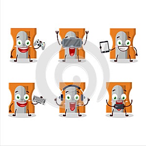 Orange pencil sharpener cartoon character are playing games with various cute emoticons