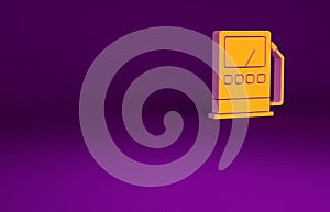 Orange Petrol or gas station icon isolated on purple background. Car fuel symbol. Gasoline pump. Minimalism concept. 3d