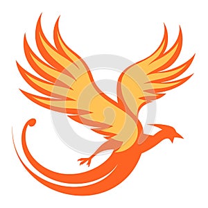 Orange phoenix bird in flight with spread wings and tail. Mythical fire bird soaring gracefully vector illustration