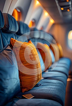 Orange pillow and blue blanket inside airplane