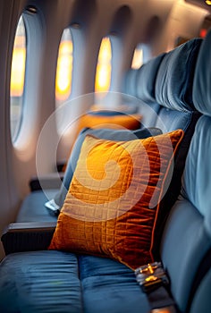 Orange pillow and blue blanket inside airplane