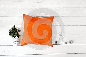 Orange Pillow case Mockup. Flat lay, top view photo mockup. Holidays decorations