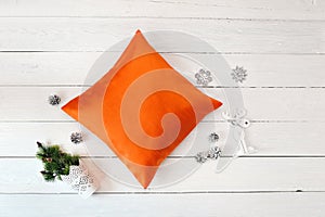 Orange Pillow case Mockup. Flat lay, top view photo mockup. Holidays decorations