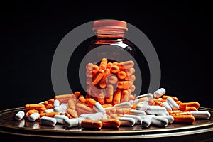 Orange pills and bottle on a black background. Focus on foreground, Prescription opioids with many bottles of pills in the