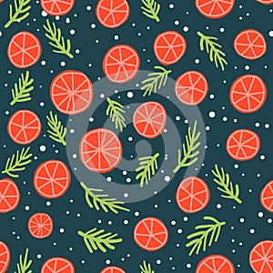 Orange and pine twigs christmas seamless pattern
