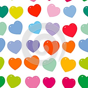 Orange pink purple red green blue heart seamless pattern on white background. Vector