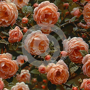 Orange and pink roses with water droplets