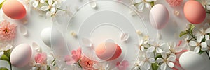 Orange, pink and white colored easter eggs on white background. Cherry and apple tree flowers. Banner for design