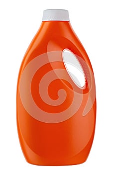 Orange plastic bottle for liquid laundry detergent, cleaning agent, bleach or fabric softener isolated on white background