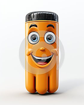 an orange plastic bottle with a smiling face on a white background. generative ai