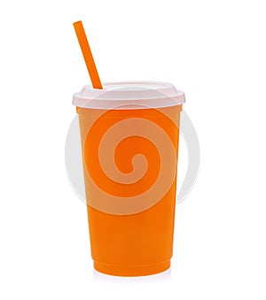 Orange plastic cup of coffee on white background