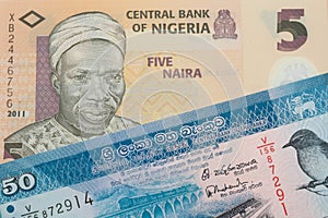 A orange, plastic five naira note from Nigeria paired with a blue and white fifty rupee bank note from Sri Lanka.