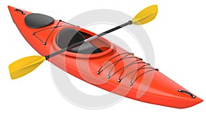 Orange plastic kayak with yellow paddle. 3D render, isolated on white background.