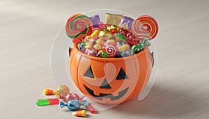 Orange plastic pumpkin bucket filled with assorted halloween candy