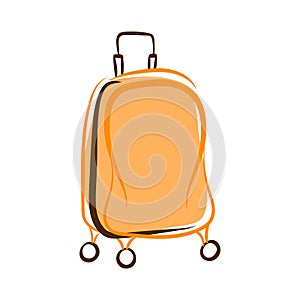 Orange plastic suitcase with wheels, retractable handle