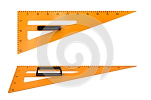 orange plastic triangular ruler isolated on white background