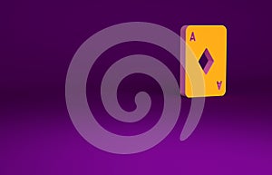Orange Playing card with diamonds symbol icon isolated on purple background. Casino gambling. Minimalism concept. 3d