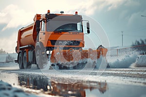 An orange plow truck is clearing snow from a snowy road