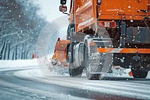 An orange plow truck is clearing snow from a snowy road