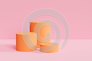 Orange podiums or pedestals for products or advertising on pastel pink background, 3d illustration render