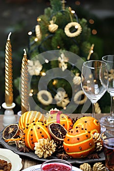Orange pomander balls, christmas table decoration