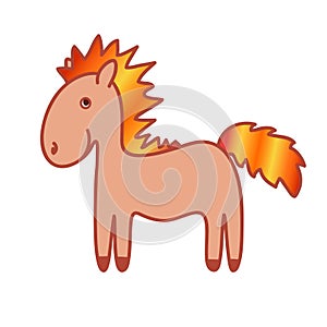 Orange pony with a fire mane. Children`s illustration. Vector pa