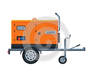 Orange Portable Power Generator on Wheels, Diesel Electrical Engine Equipment Vector Illustration