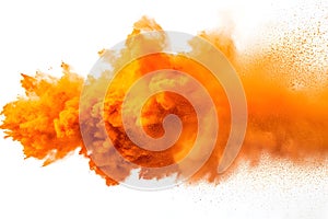 Orange powder explosion cloud isolated on white background dynamic motion