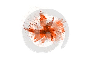 Orange powder explosion on white background.