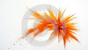 Orange powder explosion white background. Dynamic visual effect of dust particle splash. Abstract motion energy flying vibrant